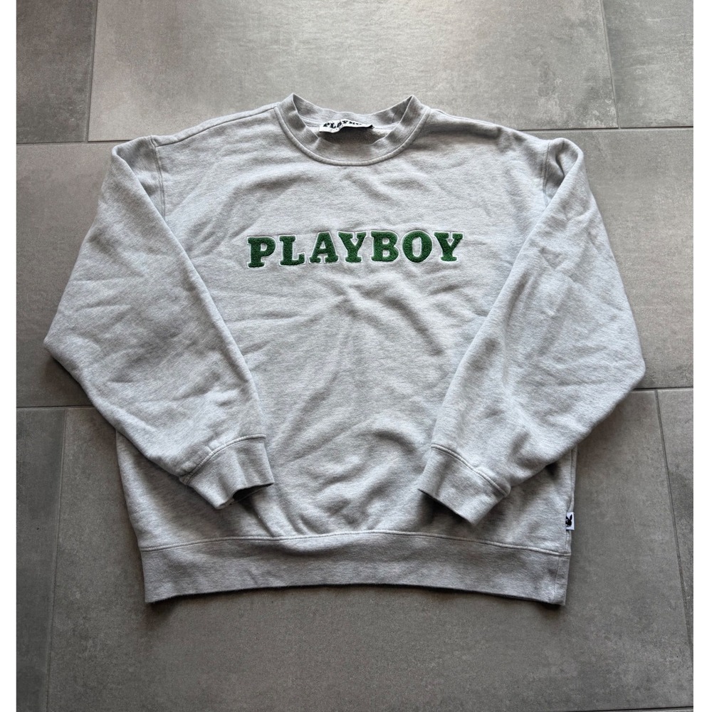Playboy by PacSun Mens Medium Heather Gray Green Embroidered Logo Sweatshirt